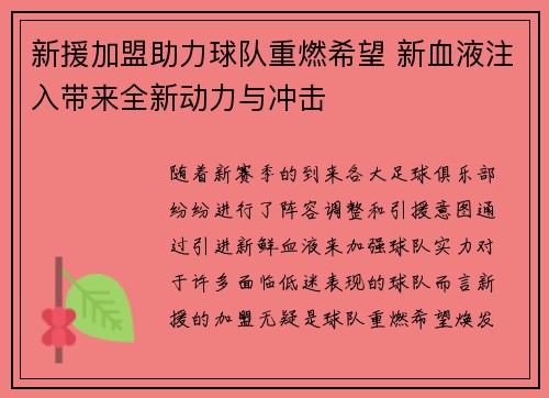 新援加盟助力球队重燃希望 新血液注入带来全新动力与冲击