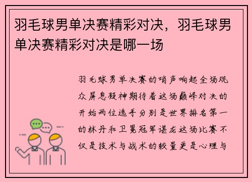 羽毛球男单决赛精彩对决，羽毛球男单决赛精彩对决是哪一场