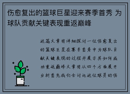 伤愈复出的篮球巨星迎来赛季首秀 为球队贡献关键表现重返巅峰