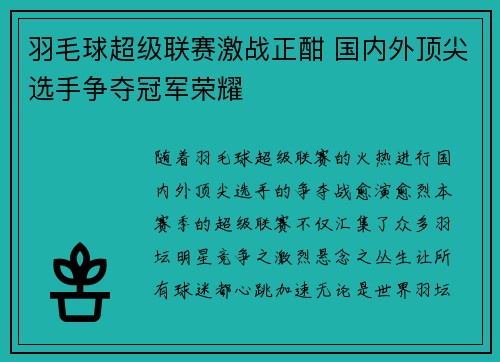 羽毛球超级联赛激战正酣 国内外顶尖选手争夺冠军荣耀