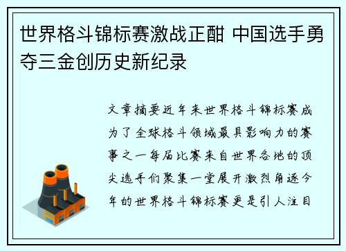 世界格斗锦标赛激战正酣 中国选手勇夺三金创历史新纪录